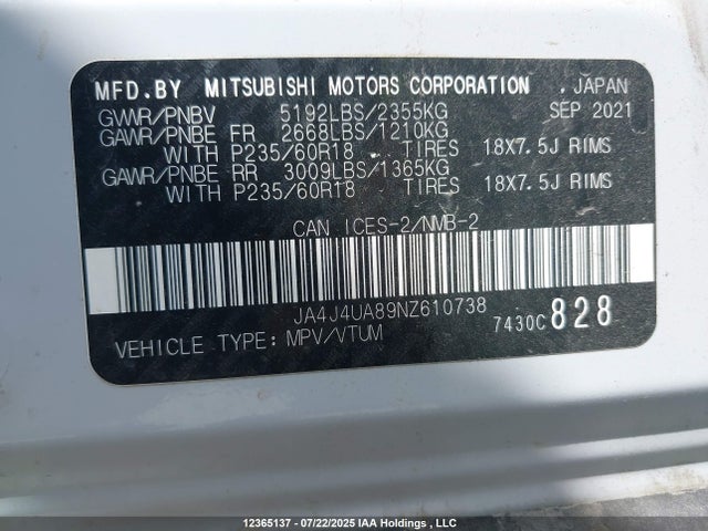 JA4J4UA89NZ610738 Mitsubishi 2022