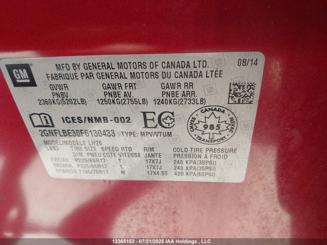 Chevrolet lfx - sidi, vvt, e85 max, alum 2015 2GNFLBE30F6130433 Image 9