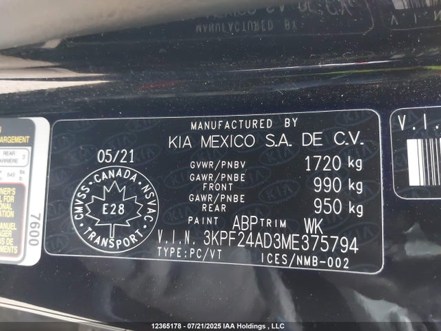 3KPF24AD3ME375794 KIA mpi nu