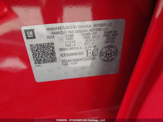 1G1BE5SM2K7142621 Chevrolet le2 -di: direct injection, vvt: variable valve timing, gen, alum