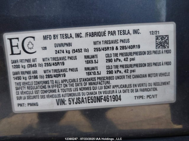 5YJSA1E50NF461904 Tesla MODEL S