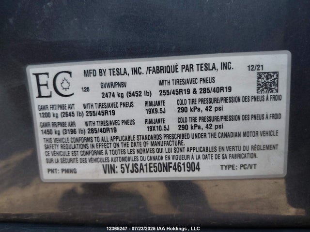 5YJSA1E50NF461904 Tesla MODEL S