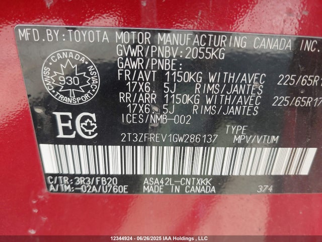 2T3ZFREV1GW286137 Toyota 2ar-fe