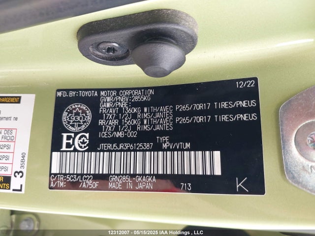 JTERU5JR3P6125387 Toyota 1gr-fe
