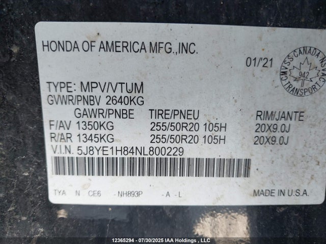 5J8YE1H84NL800229 Acura j35y5