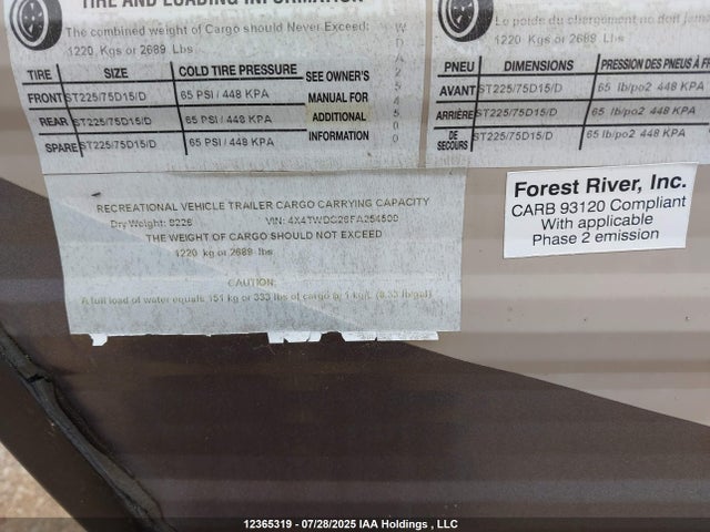 12365319 :رقم المزاد ، 4X4TWDG26FA254500 vin ، 2015 Forest River Trailer Wildwood Travel مزاد بيع