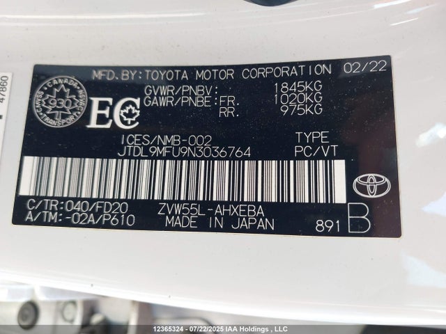 JTDL9MFU9N3036764 Toyota 2zr-fxe, 1nm+1mm
