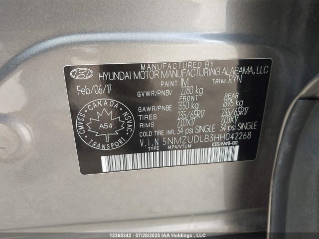 5NMZUDLB3HH042268 Hyundai gdi theta ii
