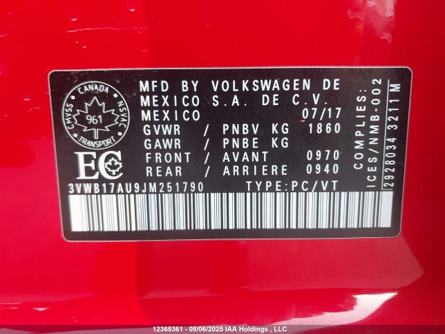 3VWB17AU9JM251790 Volkswagen 2018