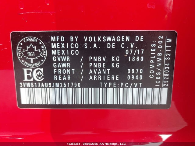 3VWB17AU9JM251790 Volkswagen 2018