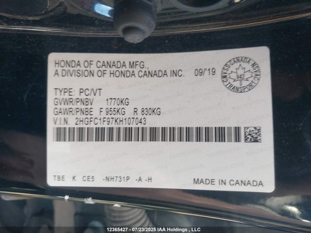 Honda l15b7/l15by 2019 2HGFC1F97KH107043 Image 9