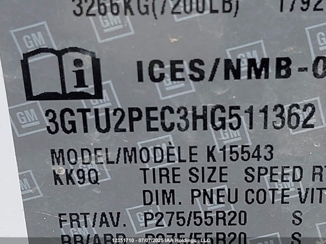 3GTU2PEC3HG511362 GMC l83 -spark ignited direct injection, variable valve timing, afm, e85 max, alum
