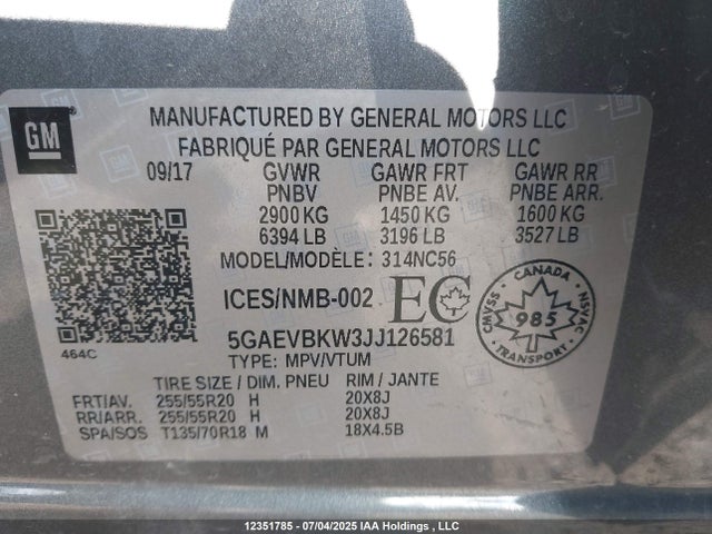 5GAEVBKW3JJ126581 Buick lfy - spark ignited direct injection, atss, gen1
