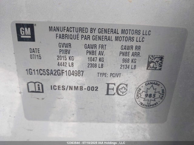 1G11C5SA2GF104987 Chevrolet lcv -sidi, dcvcp, vvt, dcvcp, e85 max, e0-e100, aluminum