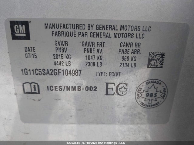 1G11C5SA2GF104987 Chevrolet lcv -sidi, dcvcp, vvt, dcvcp, e85 max, e0-e100, aluminum