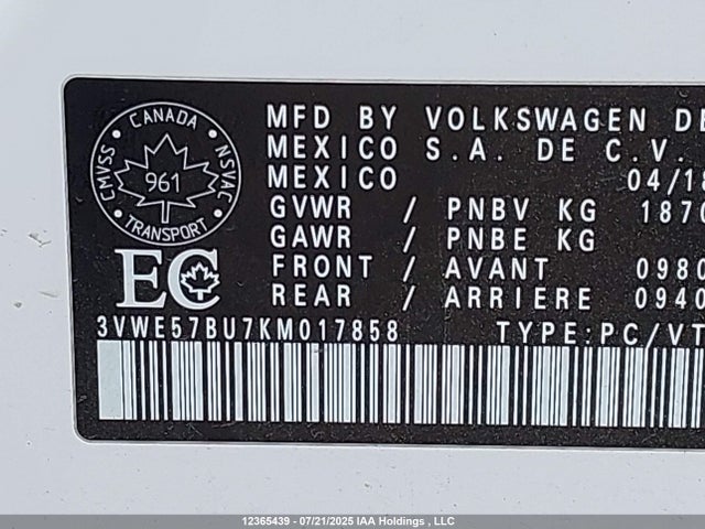 3VWE57BU7KM017858 Volkswagen 1.8 tsi