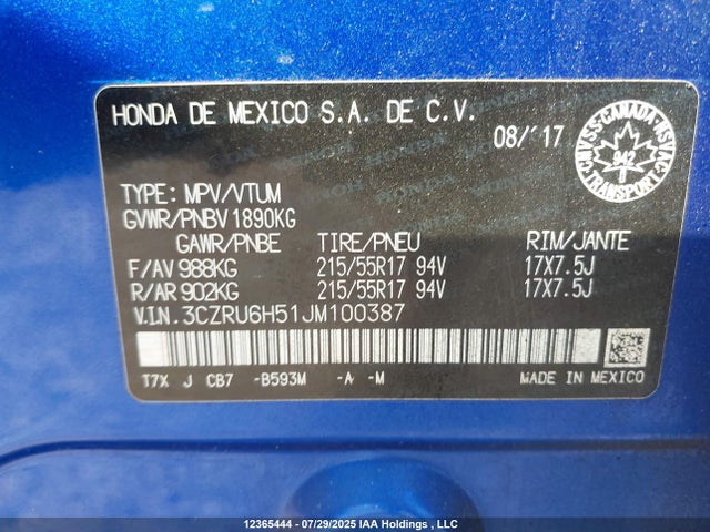 3CZRU6H51JM100387 Honda r18z9