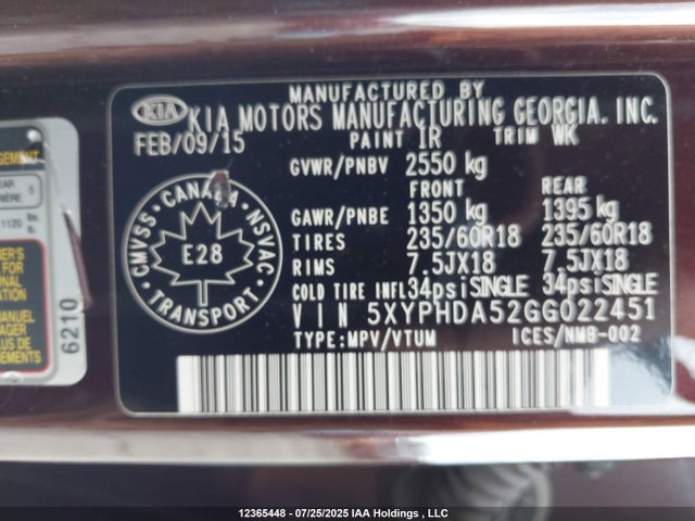 KIA dohc gdi lambda ii 2016 5XYPHDA52GG022451 Image 9