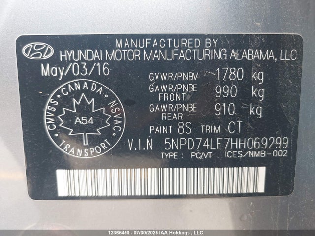 5NPD74LF7HH069299 Hyundai 2017