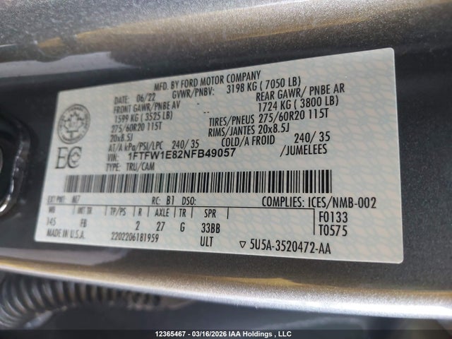 12365467 :رقم المزاد ، 1FTFW1E82NFB49057 vin ، 2022 Ford F-150 Xlt مزاد بيع
