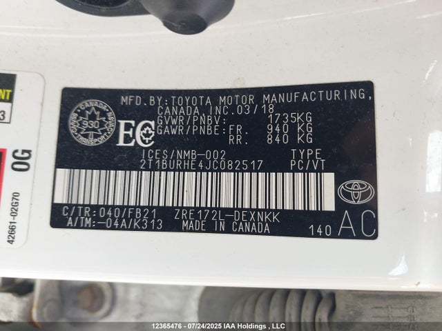 2T1BURHE4JC082517 Toyota 2zr-fe