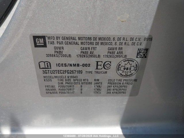 3GTU2TEC2FG267189 GMC l83 - vvt, active fuel management, aluminum