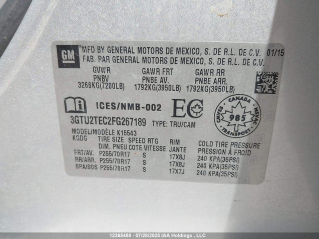 3GTU2TEC2FG267189 GMC l83 - vvt, active fuel management, aluminum