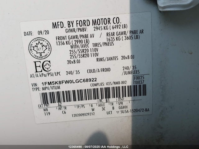 1FM5K8FW0LGC68922 Ford 3.3l ti-vct