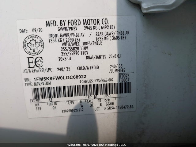1FM5K8FW0LGC68922 Ford 3.3l ti-vct