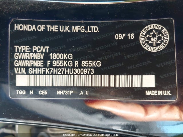 SHHFK7H27HU300973 Honda l15ba