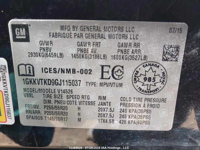 1GKKVTKD9GJ115037 GMC llt - sidi, alum, 60 degrees