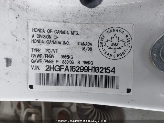 2009 Honda Civic Dx მანქანა იყიდება აუქციონზე, vin: 2HGFA16299H102154, აუქციონის ნომერი: 12365521