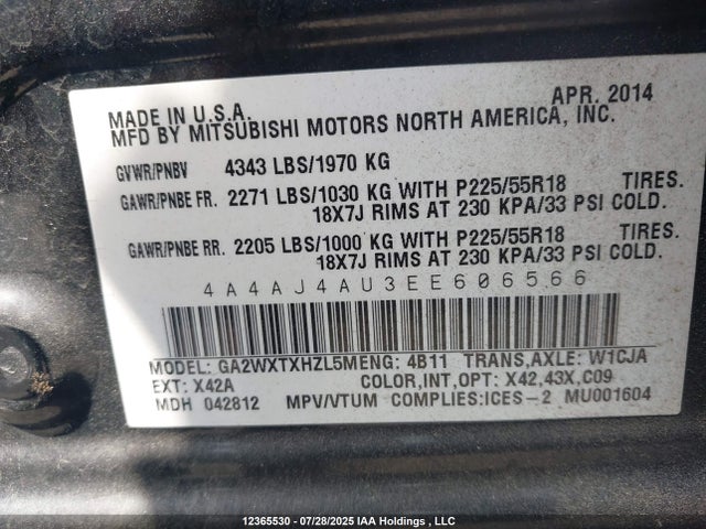 Mitsubishi dohc mivec 2014 4A4AJ4AU3EE606566 Image 9