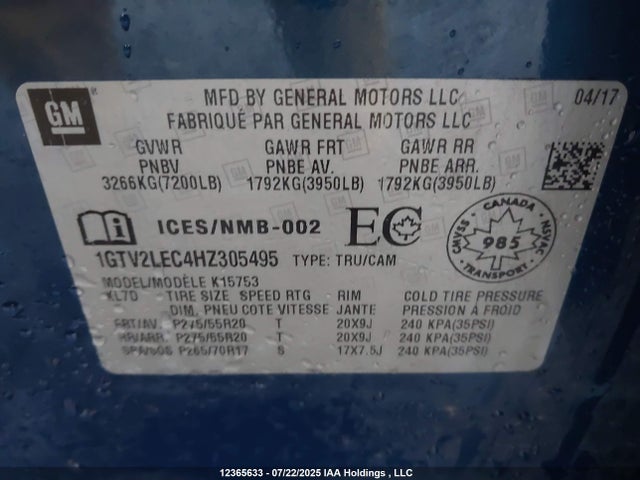 1GTV2LEC4HZ305495 GMC l83 -spark ignited direct injection, variable valve timing, afm, e85 max, alum