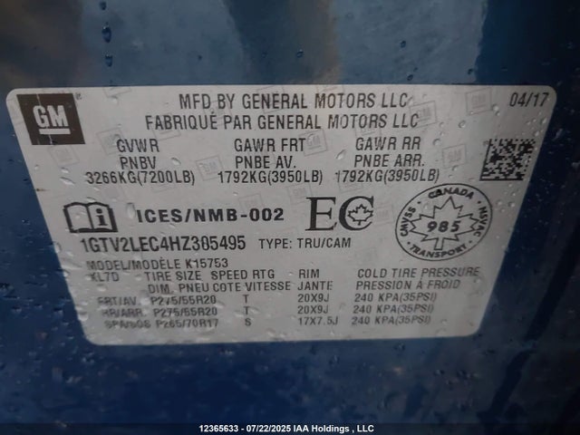 1GTV2LEC4HZ305495 GMC l83 -spark ignited direct injection, variable valve timing, afm, e85 max, alum