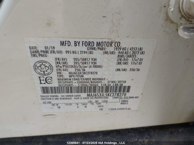 MAJ6S3JL5KC278270 Ford 2019