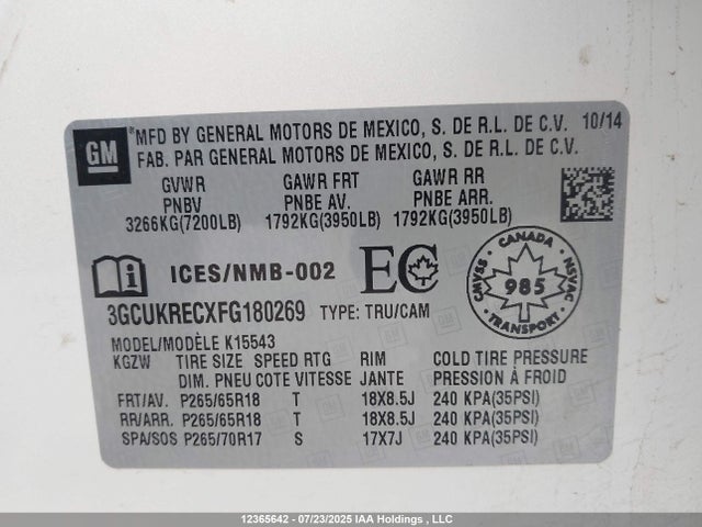 3GCUKRECXFG180269 Chevrolet l83 - vvt, active fuel management, aluminum