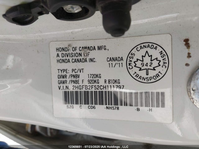 2012 Honda Civic Ex მანქანა იყიდება აუქციონზე, vin: 2HGFB2F52CH111797, აუქციონის ნომერი: 12365651