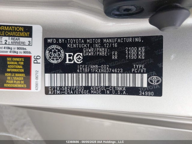 Toyota 2ar-fe 2017 4T1BF1FKXHU374623 Image 9