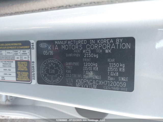KNDPNCACXH7120059 KIA gdi theta ii