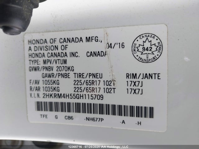 Honda k24w9 2016 2HKRM4H55GH115709 Image 19