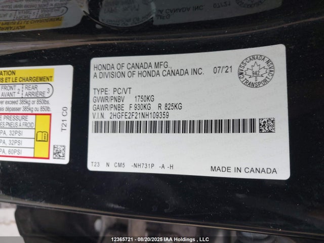 2HGFE2F21NH109359 Honda k20c2