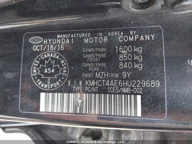 KMHCT4AE6HU229689 Hyundai 2017