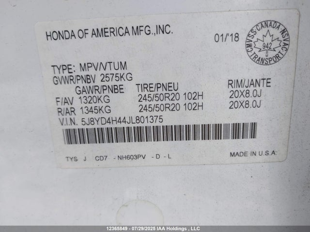 5J8YD4H44JL801375 Acura j35y5