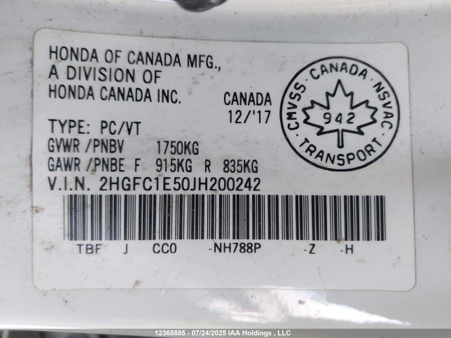 2HGFC1E50JH200242 Honda l15b7