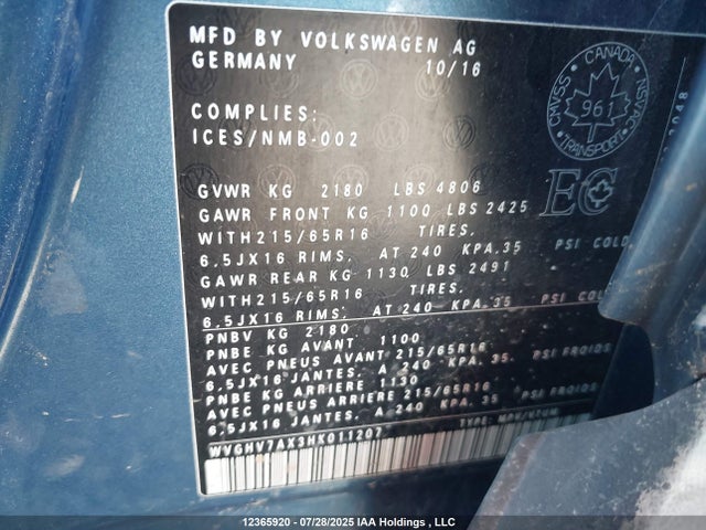 WVGHV7AX3HK011207 Volkswagen 2017