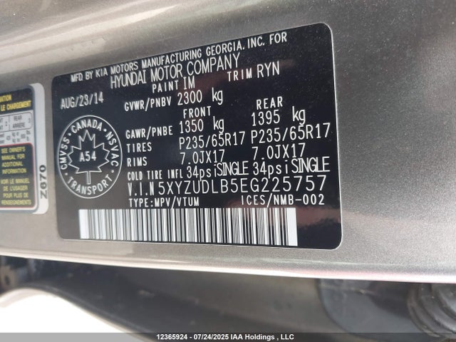 5XYZUDLB5EG225757 Hyundai gdi theta