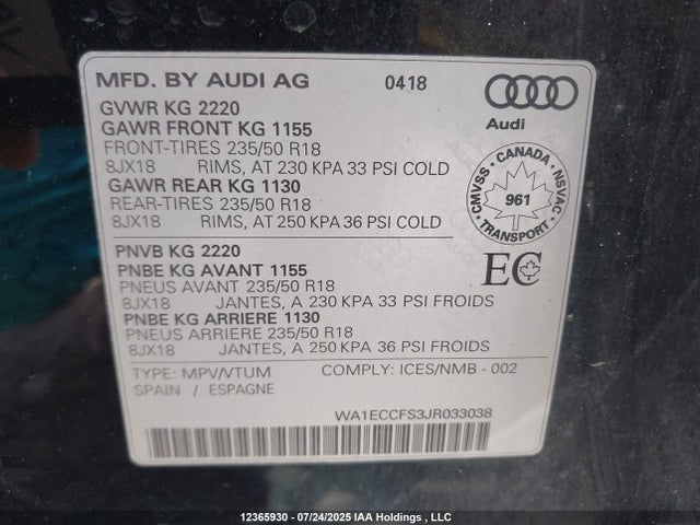 WA1ECCFS3JR033038 Audi Q3
