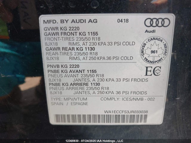 WA1ECCFS3JR033038 Audi Q3