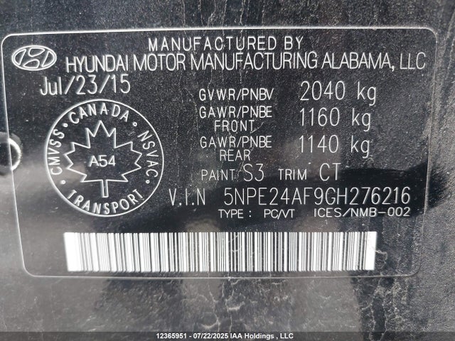5NPE24AF9GH276216 Hyundai dohc gdi theta-ii